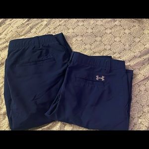 set 2 Under Armour navy blue 30/30 size large youth heat gear shorts n pants ✨